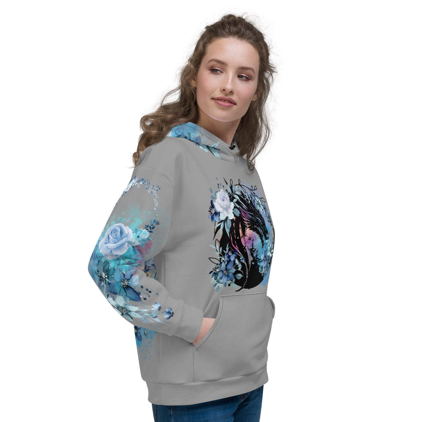 Gray-Blue Floral Hoodie